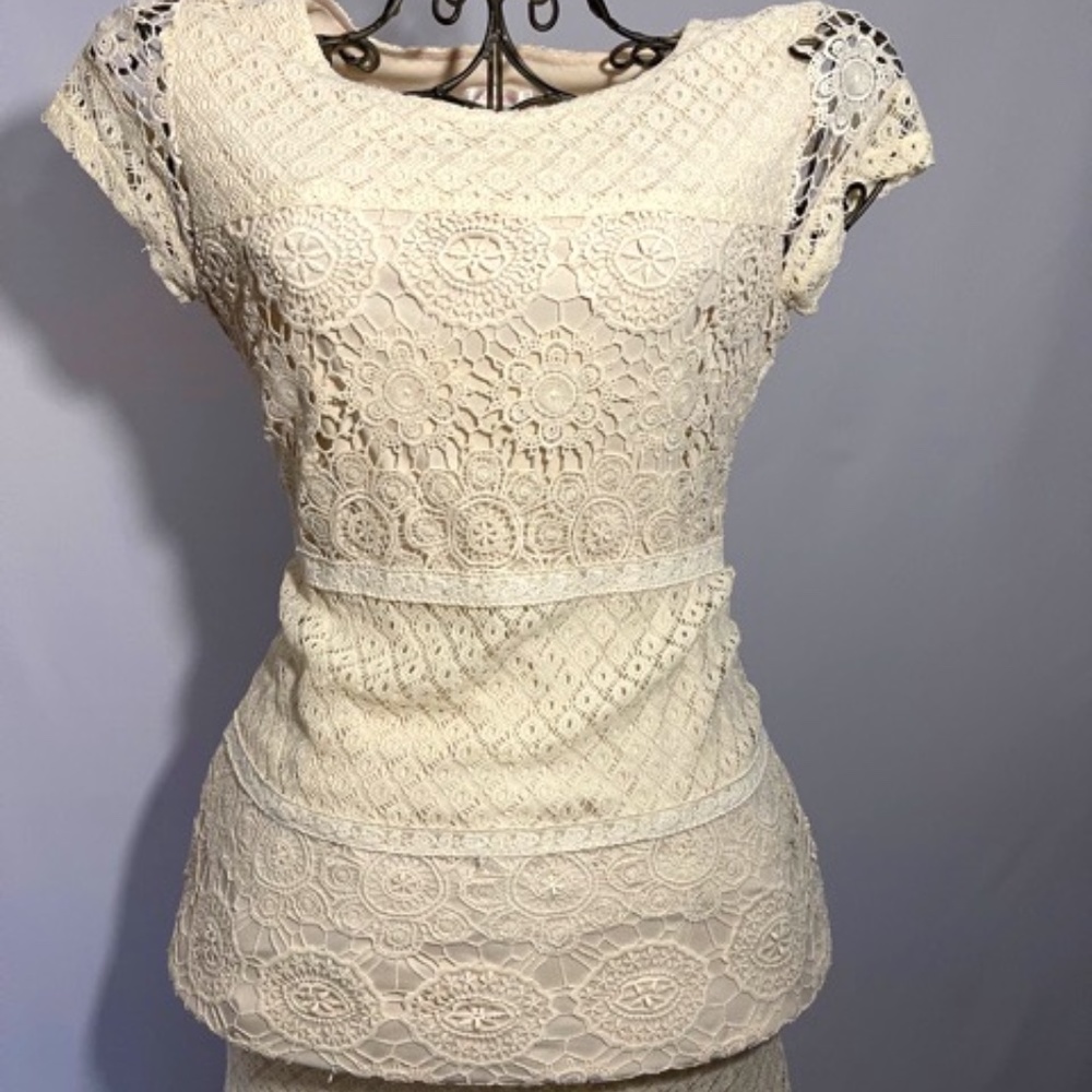 Cream Short Sleeved Xhiliration Lace Detail Dress